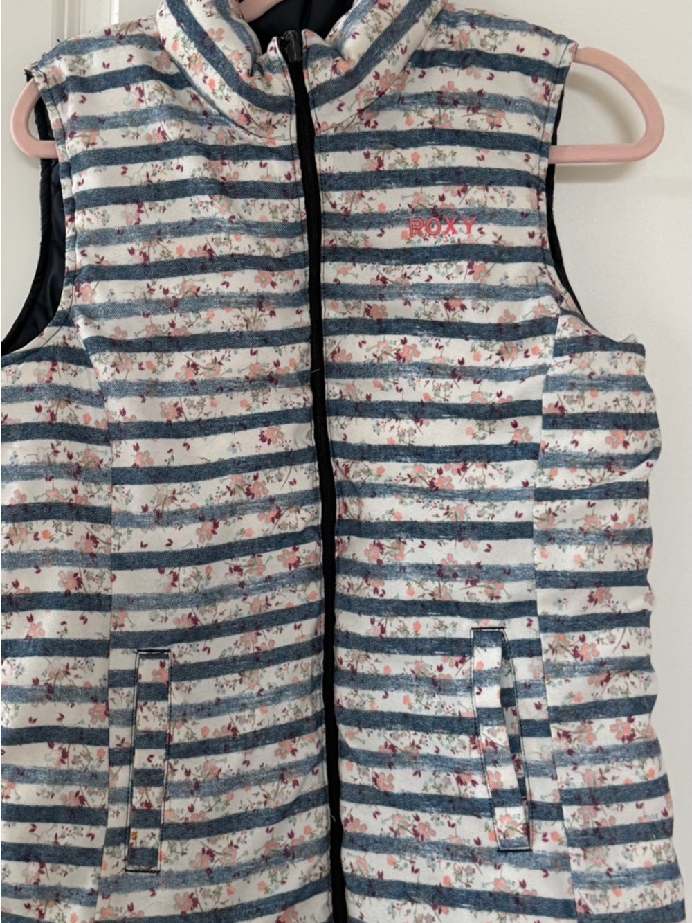 Roxy Reversible Striped Floral Quilted Vest in Blue and White with Pink Logo